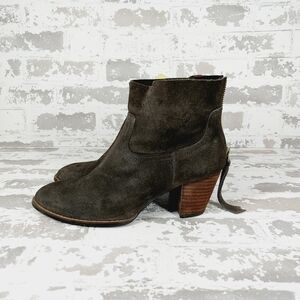Morgan Olive Gray Suede Back Zip Block Heel Ankle Booties T125